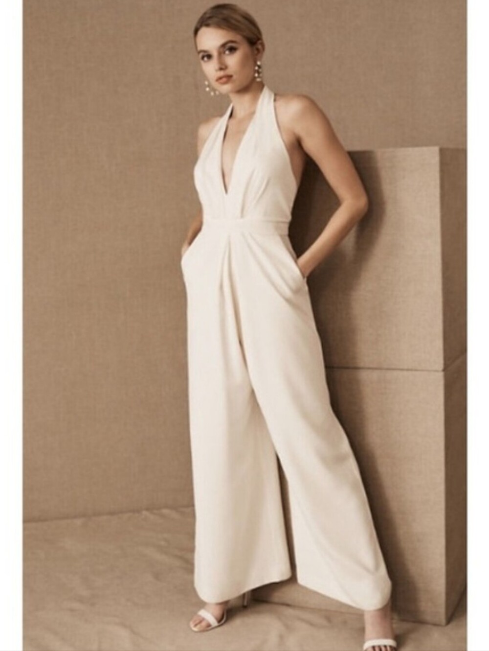 BHLDN Jill Stuart Mara Halter Plunge Wide Leg Jumpsuit 2 Bridal Minimalist